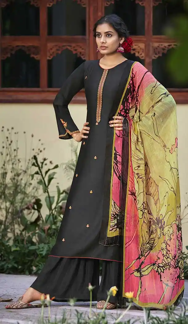 Black Color Pure Viscose Silk Designer Evening Wear Salwar Kameez -3776149620