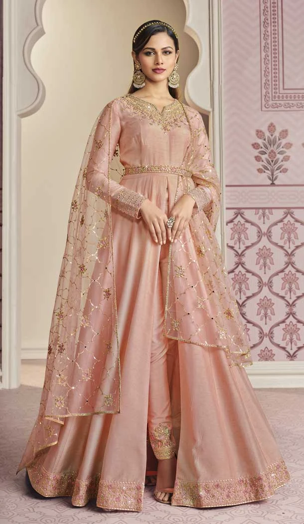 Peach Color Russian Silk Designer Pakistani Style Salwar Kameez -3778149633