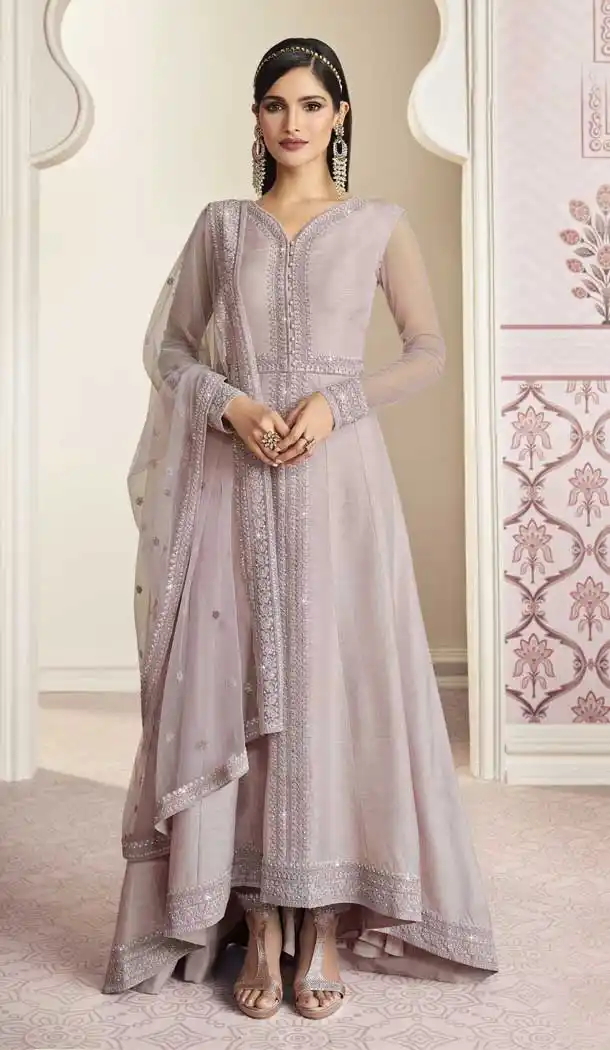 African Violet Color Russian Silk Designer Pakistani Style Salwar Kameez -3778149636