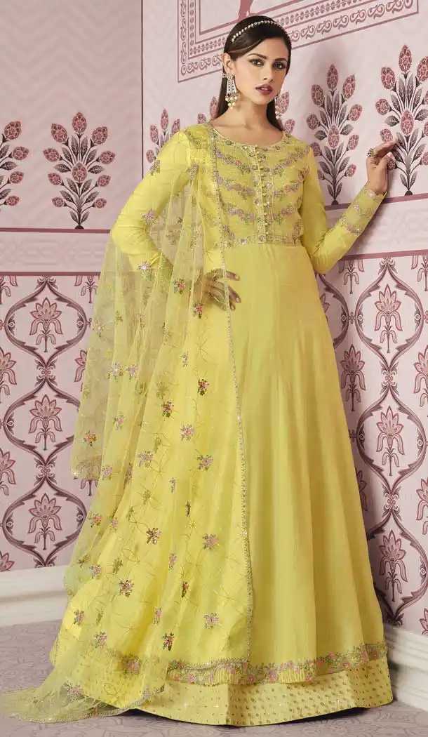 Classy Yellow Color Russian Silk Designer Pakistani Style Salwar Kameez -3778149637