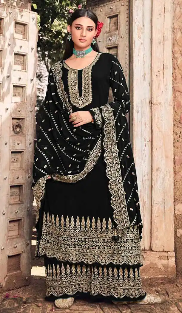 Black Color Faux Georgette Function Wear Heavy Plus Size Palazzo Suit -3779149643