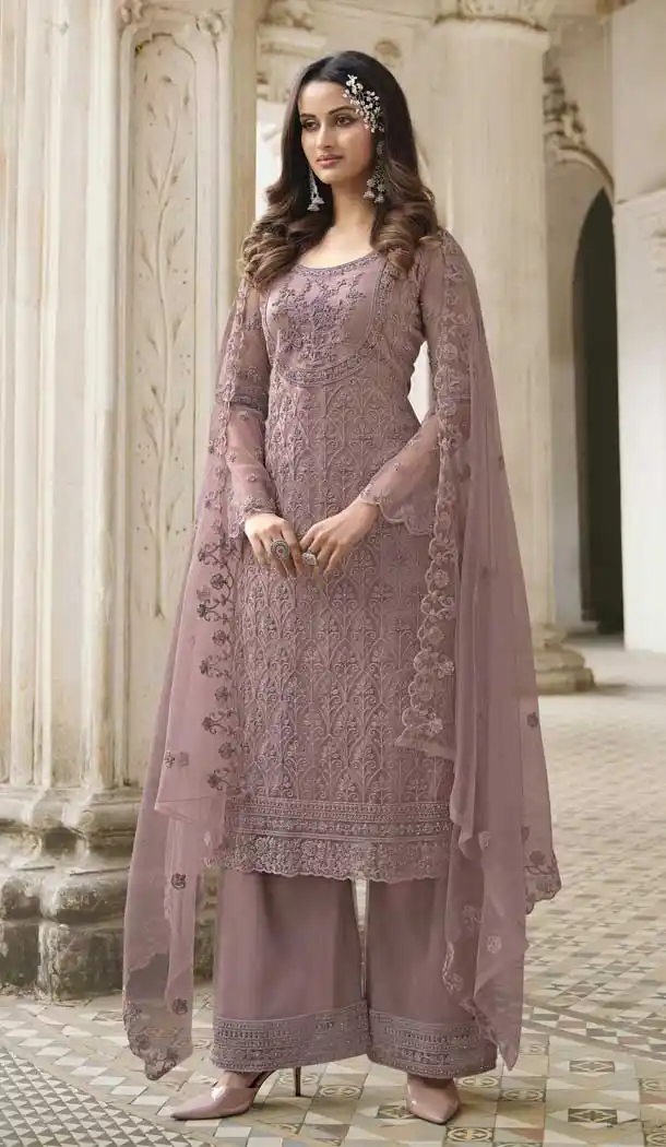African Violet Color Butterfly Net Evening Party Plus Size Palazzo Suit -3780149644