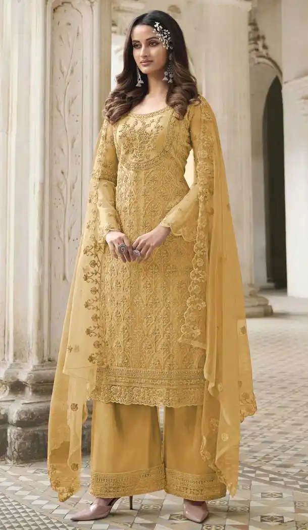 Mustard Color Butterfly Net Evening Party Plus Size Palazzo Suit -3780149646