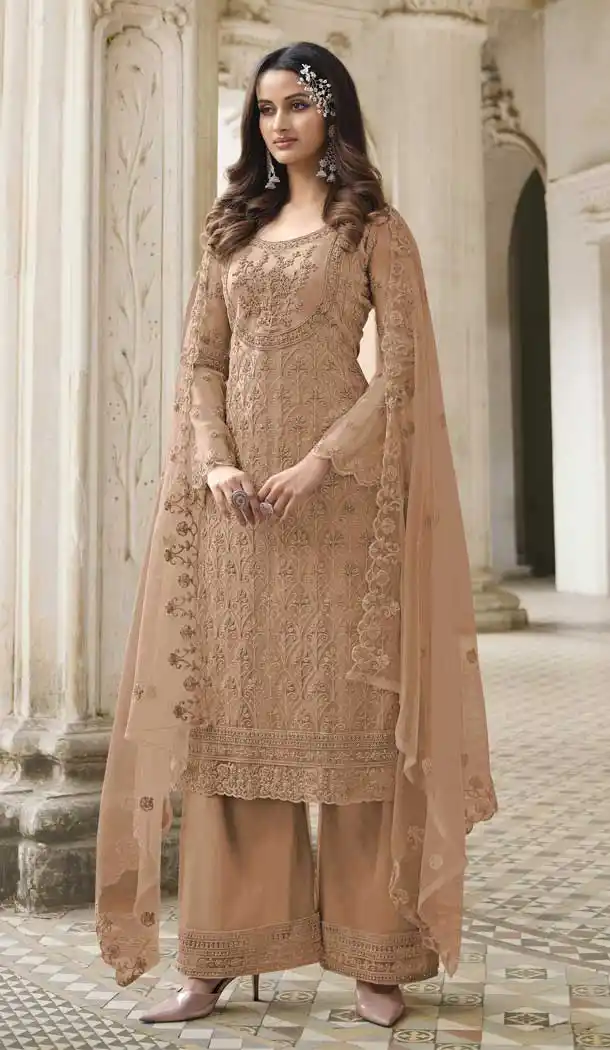 Beige Color Butterfly Net Evening Party Plus Size Palazzo Suit -3780149647