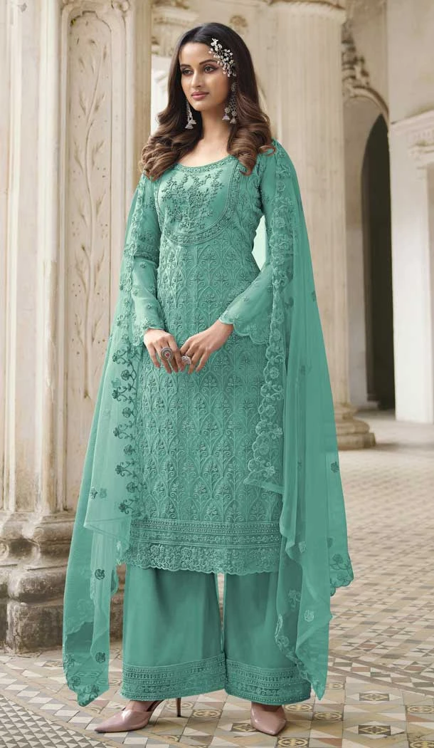 Tiffany Blue Color Butterfly Net Evening Party Plus Size Palazzo Suit -3780149648