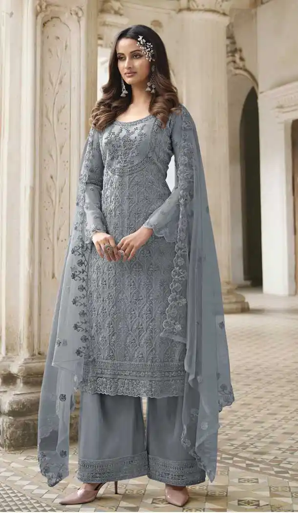 Aesthetic Grey Color Butterfly Net Evening Party Plus Size Palazzo Suit -3780149649