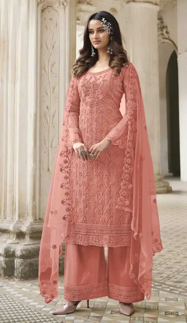 Majesty Coral Color Butterfly Net Evening Party Plus Size Palazzo Suit -3780149650
