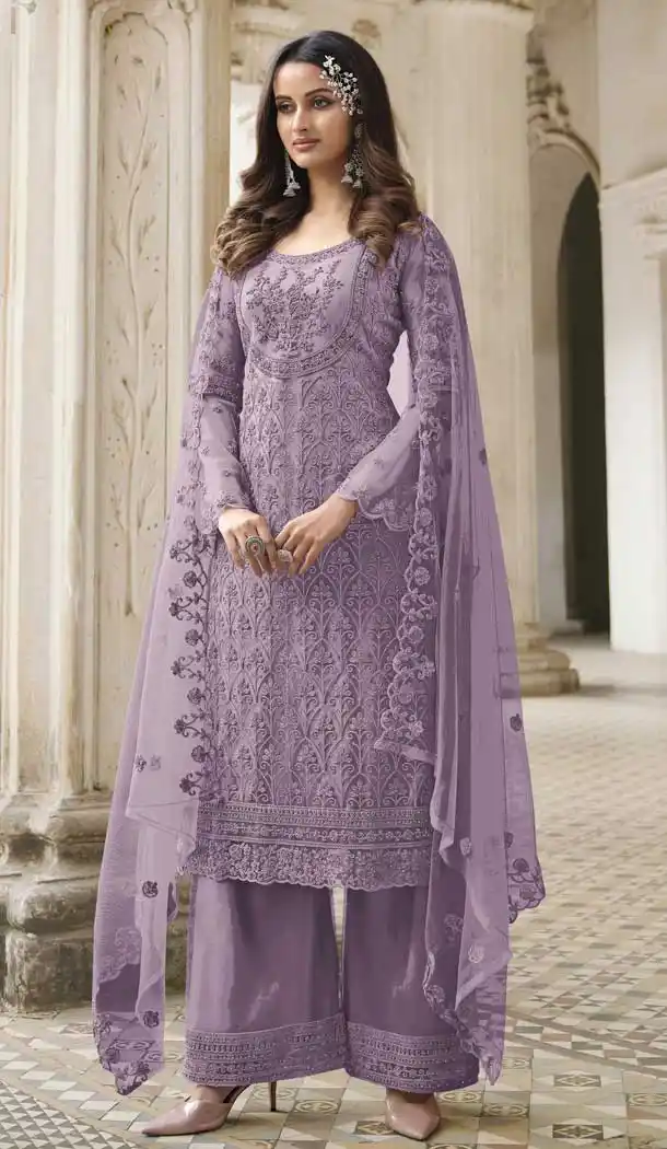 Lavender Coral Color Butterfly Net Evening Party Plus Size Palazzo Suit -3780149651
