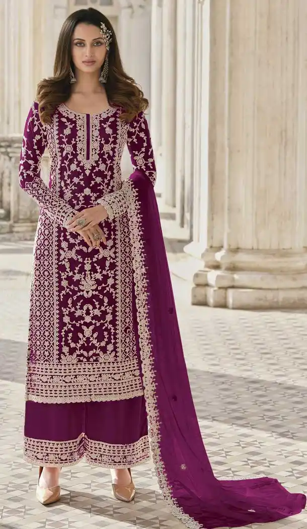 Elegant Purple Color Butterfly Net Evening Party Women Palazzo Suit -3781149656