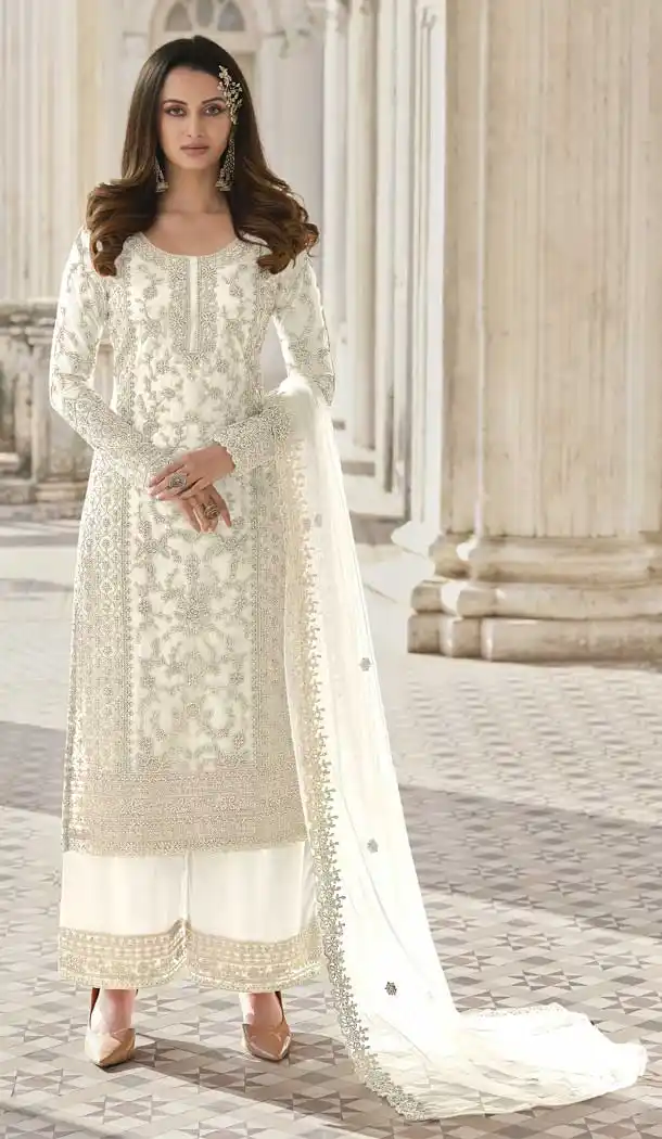 Adorable White Color Butterfly Net Evening Party Women Palazzo Suit -3781149658