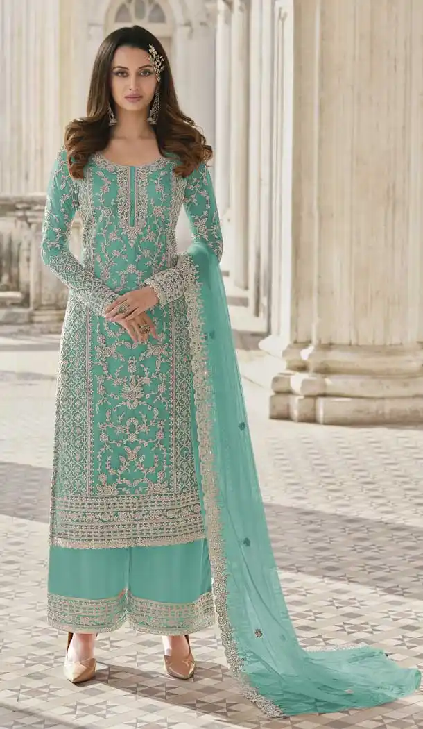 Powder Blue Color Butterfly Net Evening Party Women Palazzo Suit -3781149660