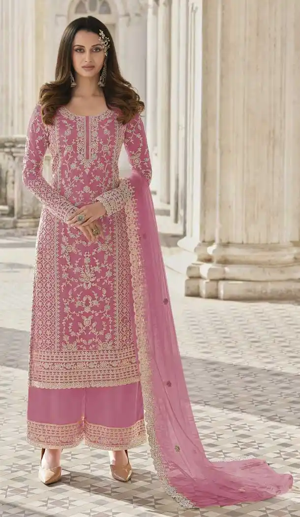 Fuchsia Pink Color Butterfly Net Evening Party Women Palazzo Suit -3781149661