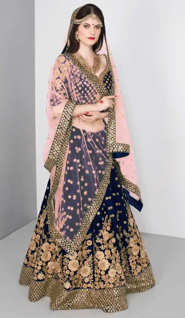 Navy Blue Color Pure Velvet Designer Bridal Wedding Wear Lehenga Choli -3783149663
