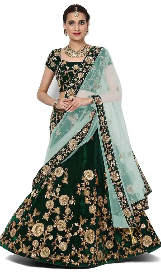 Luscious Green Color Silk Velvet Party Wear Plus Size Lehenga Choli -3785149671