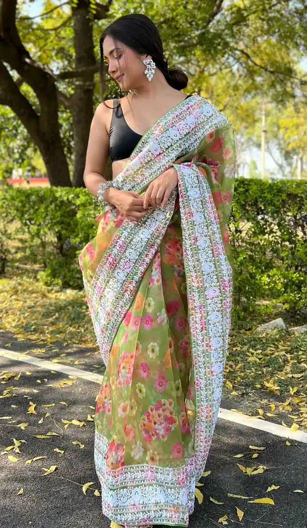 Splendorous Green Color Organza Casual Party Wear Saree Blouse -3789149713