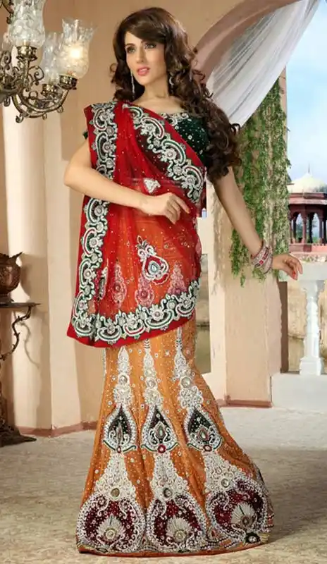 Luscious Peach Puff And Red Lehenga Saree