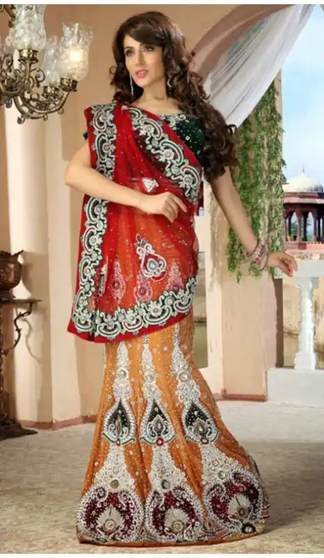 Luscious Peach Puff And Red Lehenga Saree