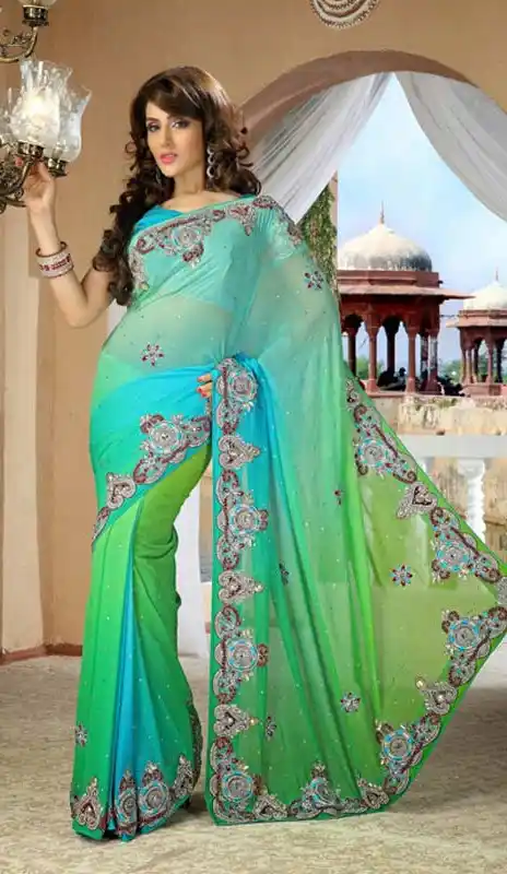 Ethnic Aloe Vera Green & Greenish Blue Bridel  Saree