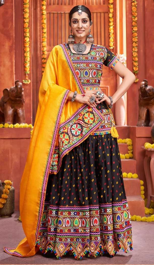 Glamour Black Color Cotton Silk Navratri Festive Wear Plus Size Lehenga Choli -111916229