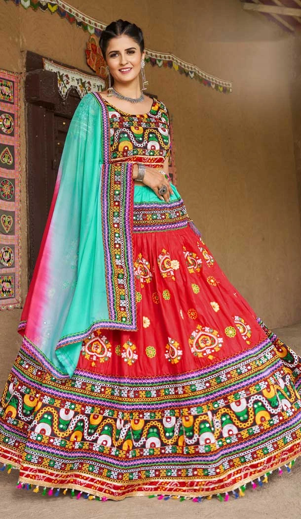Navratri Festive Special Red Color Cotton Plus Size Women Lehenga Choli -111976255