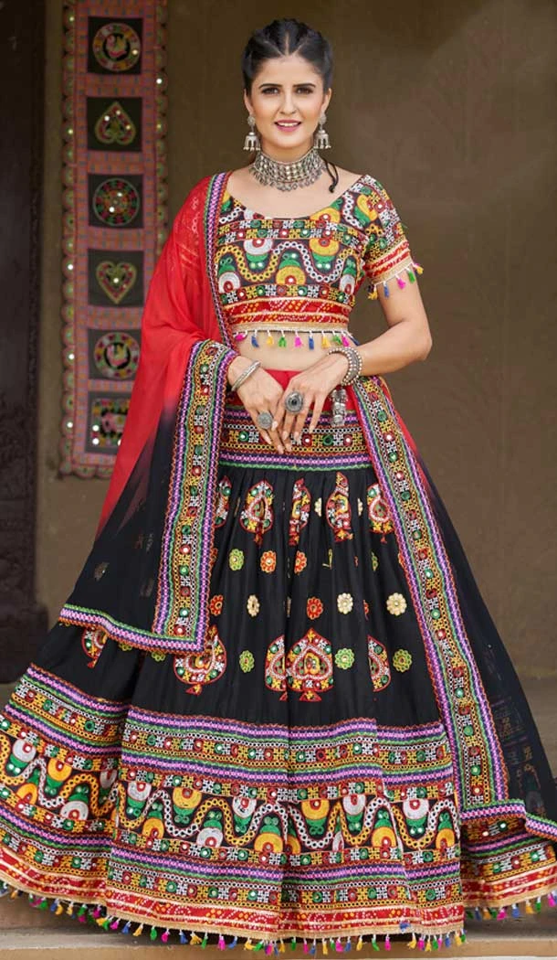 Navratri Festive Special Black Color Cotton Plus Size Women Lehenga Choli -111976257