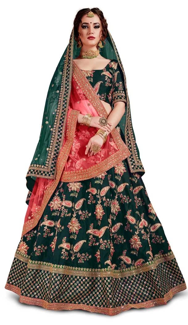 Teal Green Color Taffeta Silk Designer Mehendi Sangeet Wear Lehenga Choli -3795149766