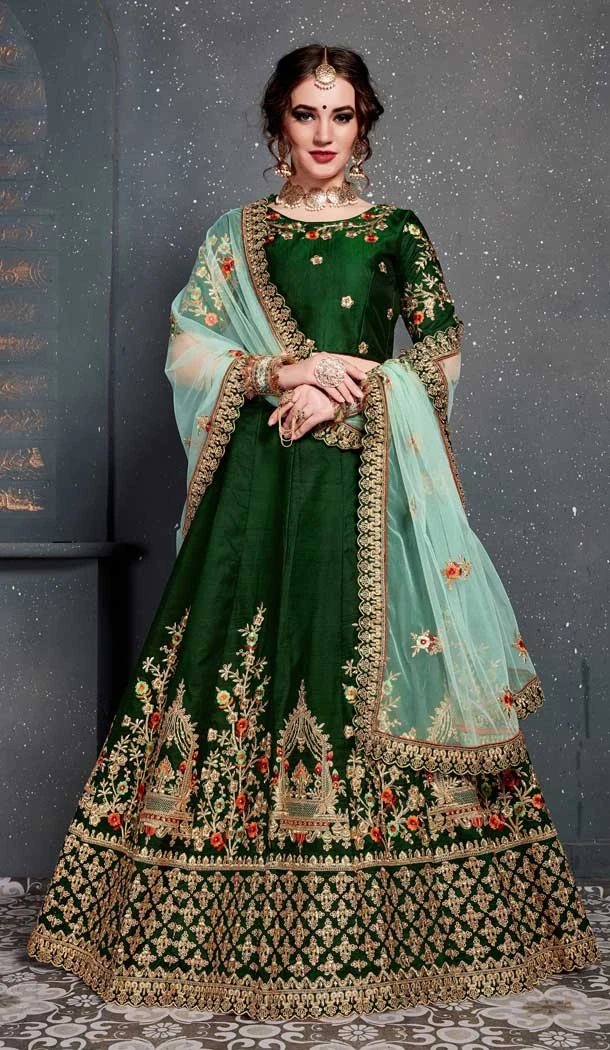 Green Color Taffeta Silk Designer Mehendi Wear Lehenga Choli -3797149772