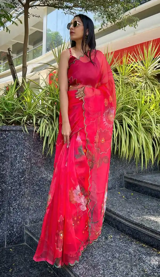 Rani Pink Color Organza Digital Printed Casual Party Wear Saree Blouse -3802149786