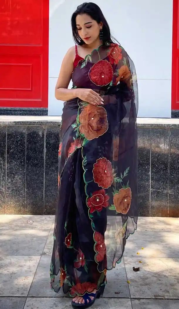 Blue Color Organza Digital Printed Casual Party Wear Saree Blouse -3802149788