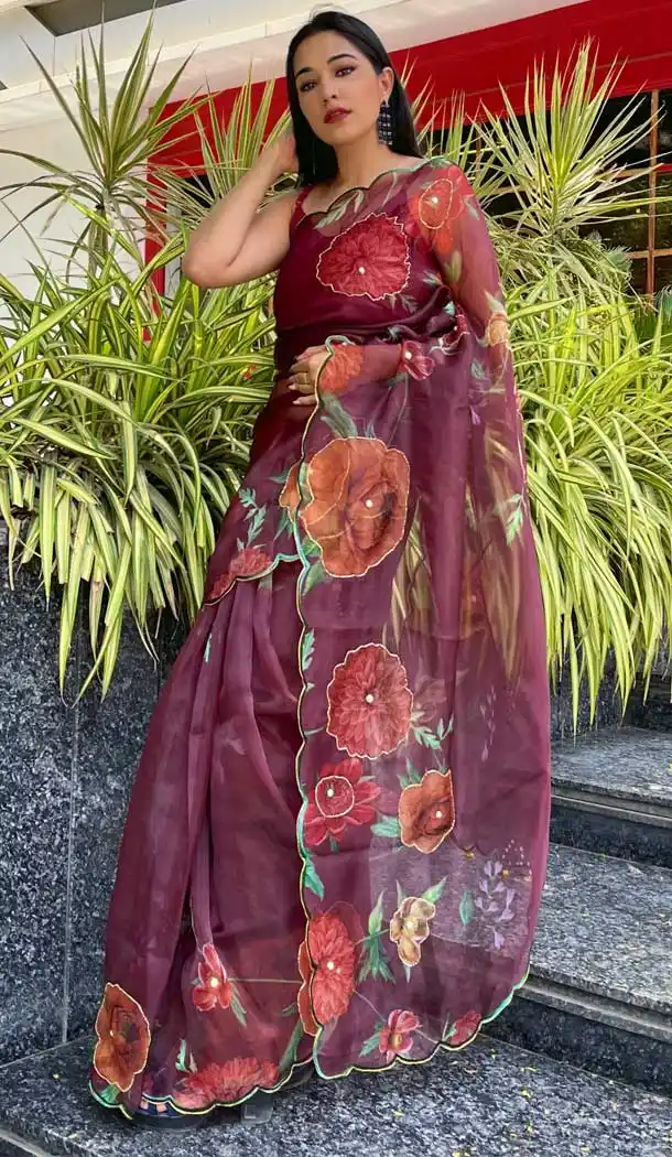 Charming Purple Color Organza Digital Printed Casual Party Wear Saree Blouse -3802149789