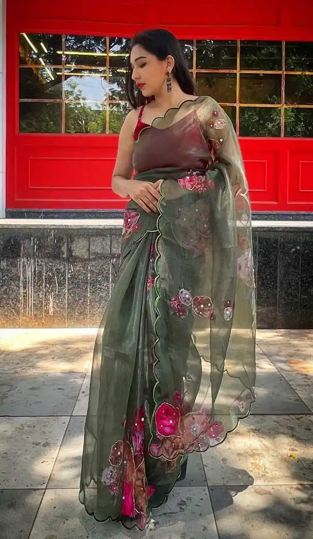 Green Color Organza Digital Printed Casual Party Wear Saree Blouse -3802149790