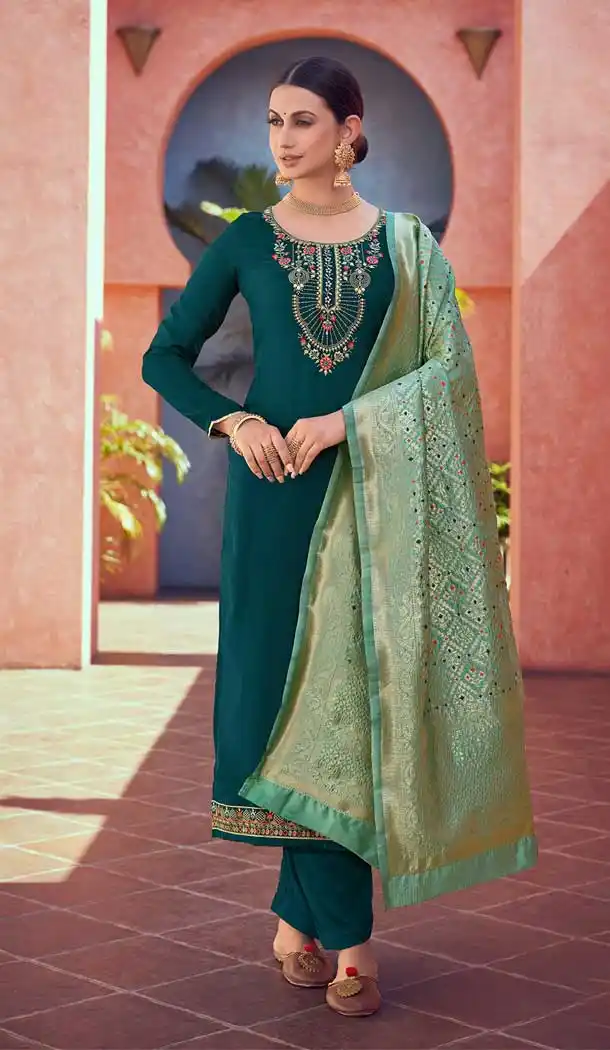 Green Color Tusser Satin Butti Casual Party Wear Palazzo Salwar Suit -3744149403