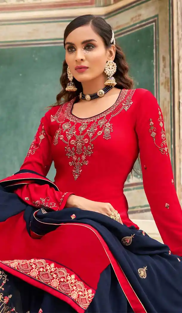 Aesthetic Red Color Crape Embroidery Party Wear Women Lehenga Suit -3745149410