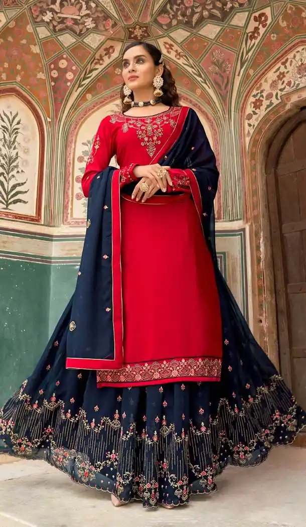 Aesthetic Red Color Crape Embroidery Party Wear Women Lehenga Suit -3745149410