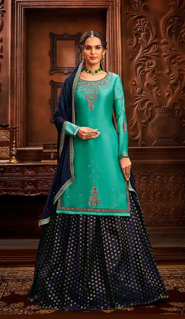 Captivating Sky Blue Color Modal Satin Embroidery Party Wear Lehenga Suit -3746149411