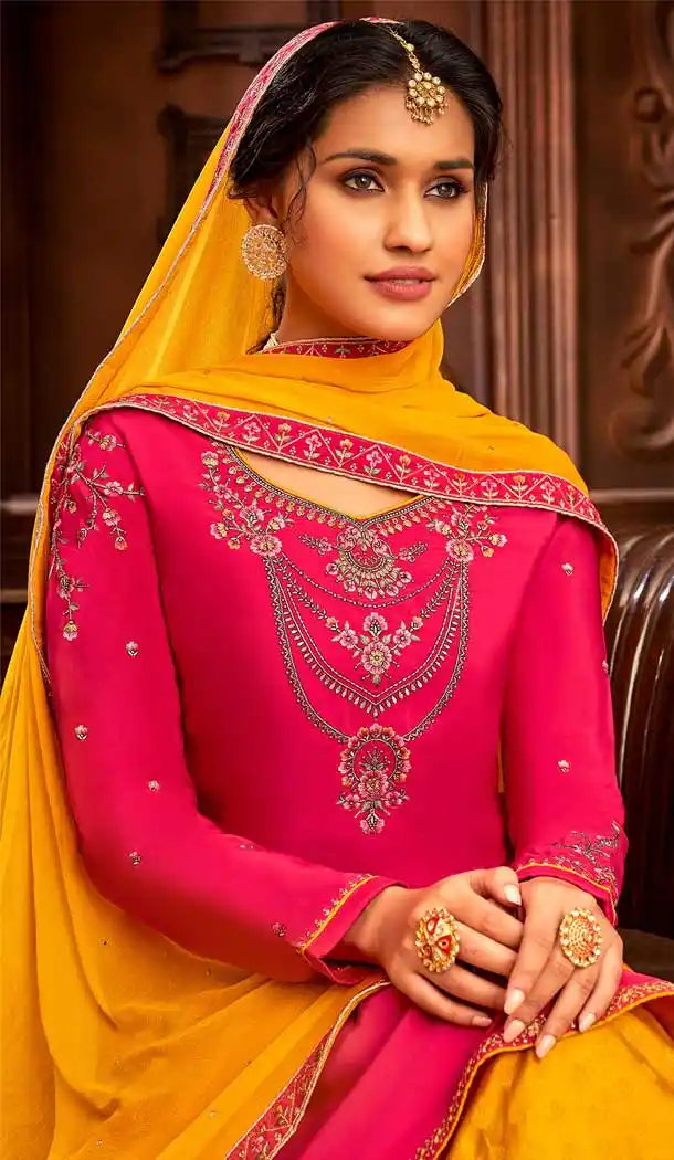 Sparkling Pink Color Modal Satin Embroidery Party Wear Lehenga Suit -3746149415