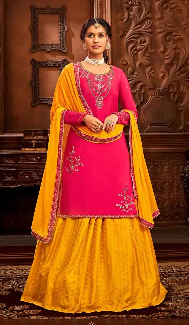 Sparkling Pink Color Modal Satin Embroidery Party Wear Lehenga Suit -3746149415