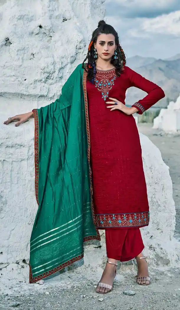 Red Color Fancy Chinon Sequins Casual Office Party Wear Palazzo Suit -3747149418