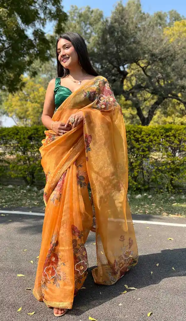 Mustard Yellow Color Organza Floral Digital Print Work Party Wear Saree Blouse -3818149918