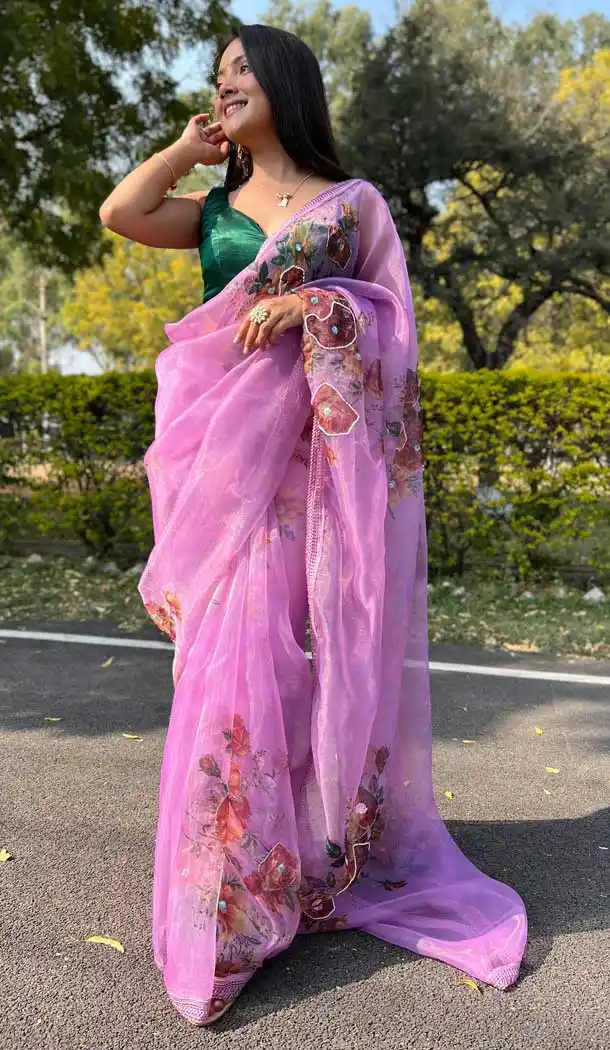 Purple Color Organza Floral Digital Print Work Party Wear Saree Blouse -3818149919