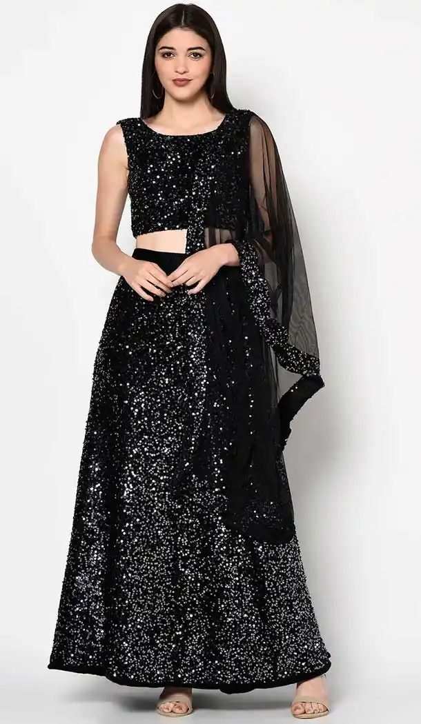 Black Color Velvet Tradtional Party Wear Plus Size Lehenga Choli -3855150198