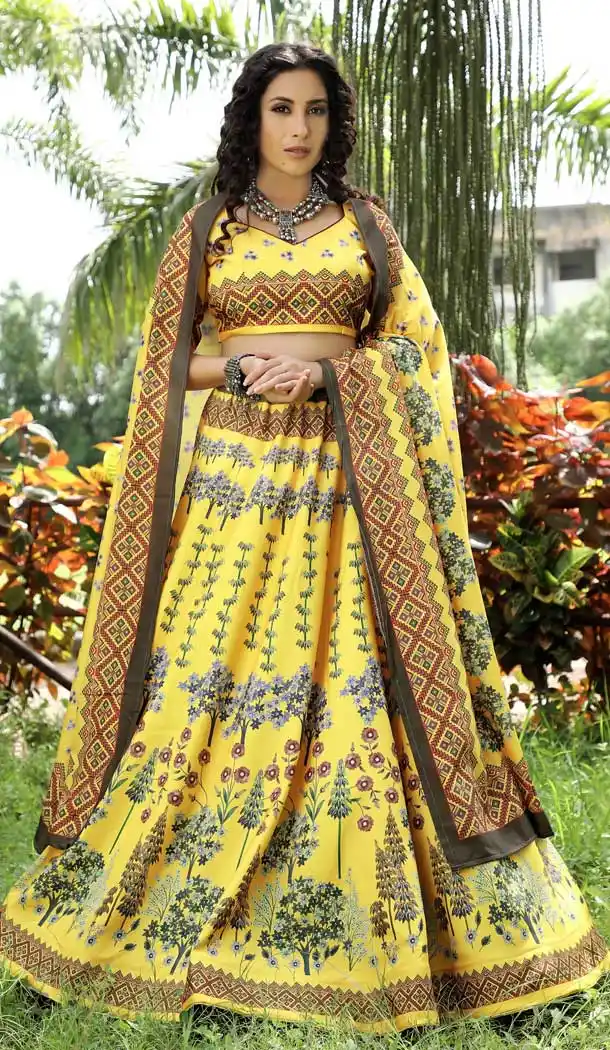 Mustard Yellow Color Dutch Silk Traditional Party Wear Plus Size Lehenga Choli -3840150097