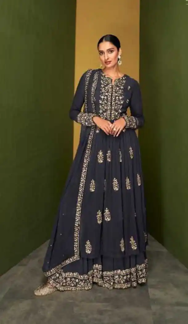 Navy Blue Color Real Georgette Designer Party Wear Palazzo Salwar Suit -3889150329