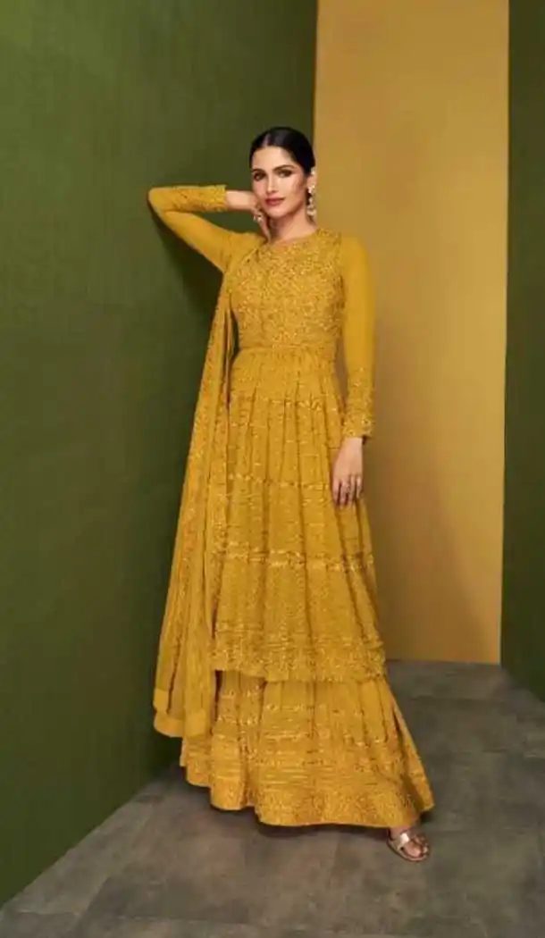Chic Mustard Yellow Color Real Georgette Designer Party Wear Palazzo Salwar Suit -3889150332