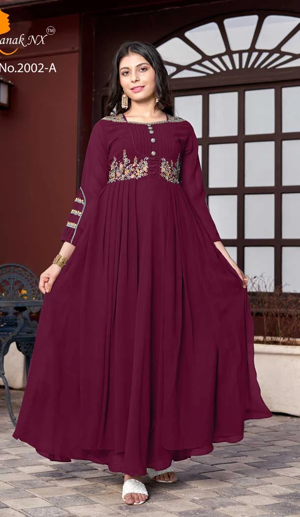 Charming Wine Color Semi Georgette Anarkali Style Readymade Kurtis Gown -3917150491