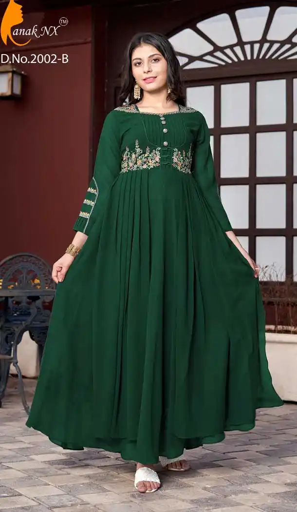 Ethnic Green Color Semi Georgette Anarkali Style Readymade Kurtis Gown -3917150492