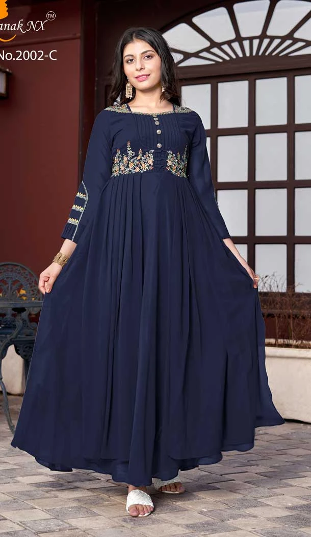 Charming Navy Blue Color Semi Georgette Anarkali Style Readymade Kurtis Gown -3917150493