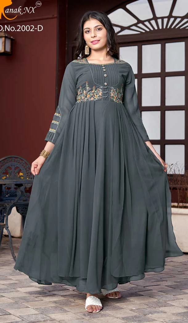 Grey Color Semi Georgette Anarkali Style Readymade Kurtis Gown -3917150494