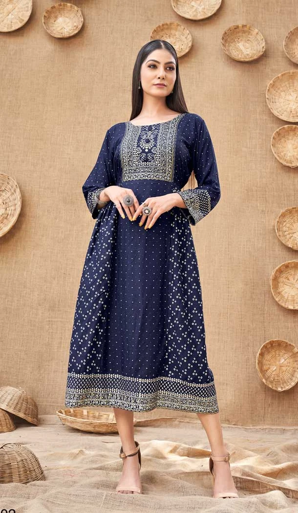 Fancy Navy Blue Color Heavy Rayon Party Wear Readymade Plus Size Kurtis -3918150496