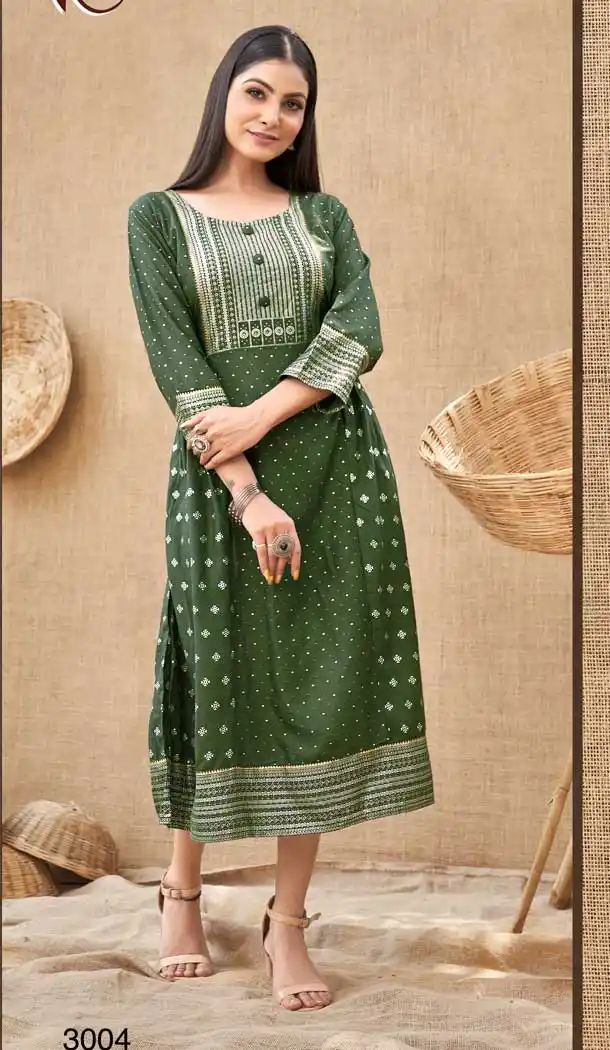 Olive Green Color Heavy Rayon Party Wear Readymade Plus Size Kurtis -3918150498